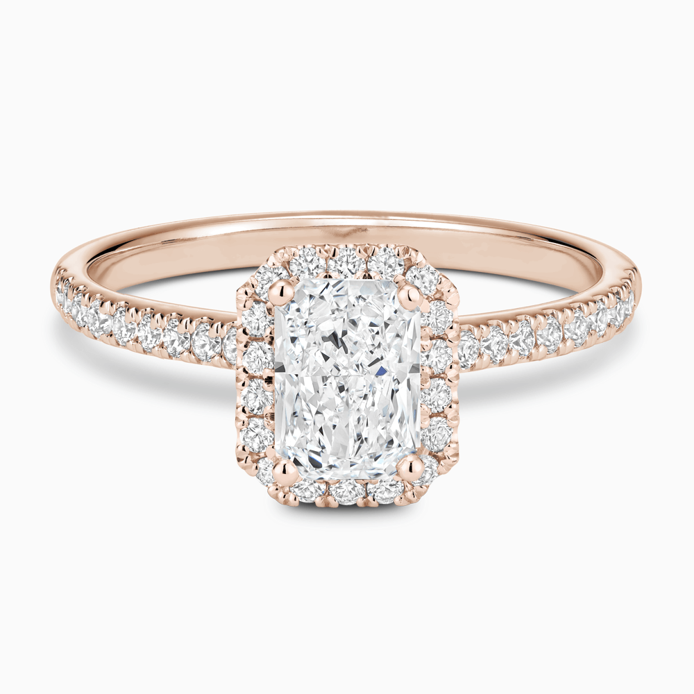 The Ecksand Diamond Engagement Ring with Diamond Halo, Pavé and Bridge shown with Radiant in 14k Rose Gold