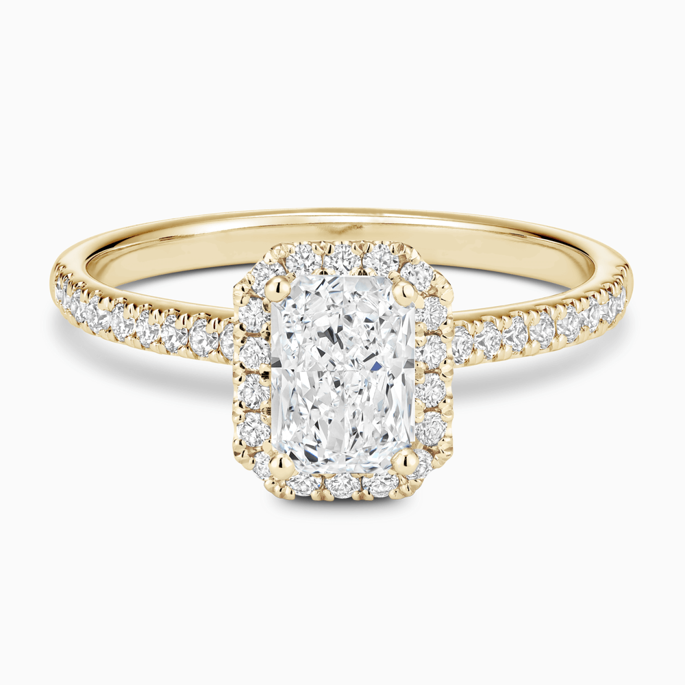 The Ecksand Diamond Engagement Ring with Diamond Halo, Pavé and Bridge shown with Radiant in 18k Yellow Gold