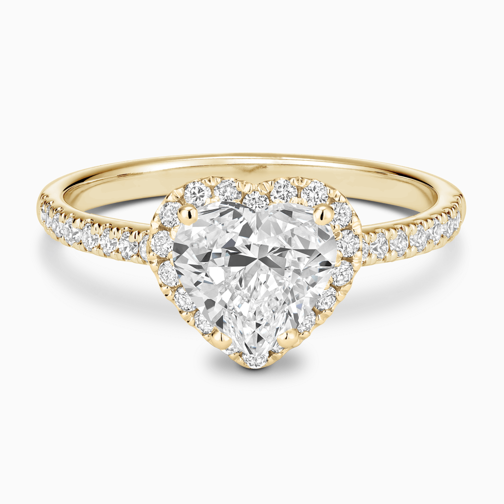 The Ecksand Diamond Engagement Ring with Diamond Halo, Pavé and Bridge shown with Heart in 18k Yellow Gold
