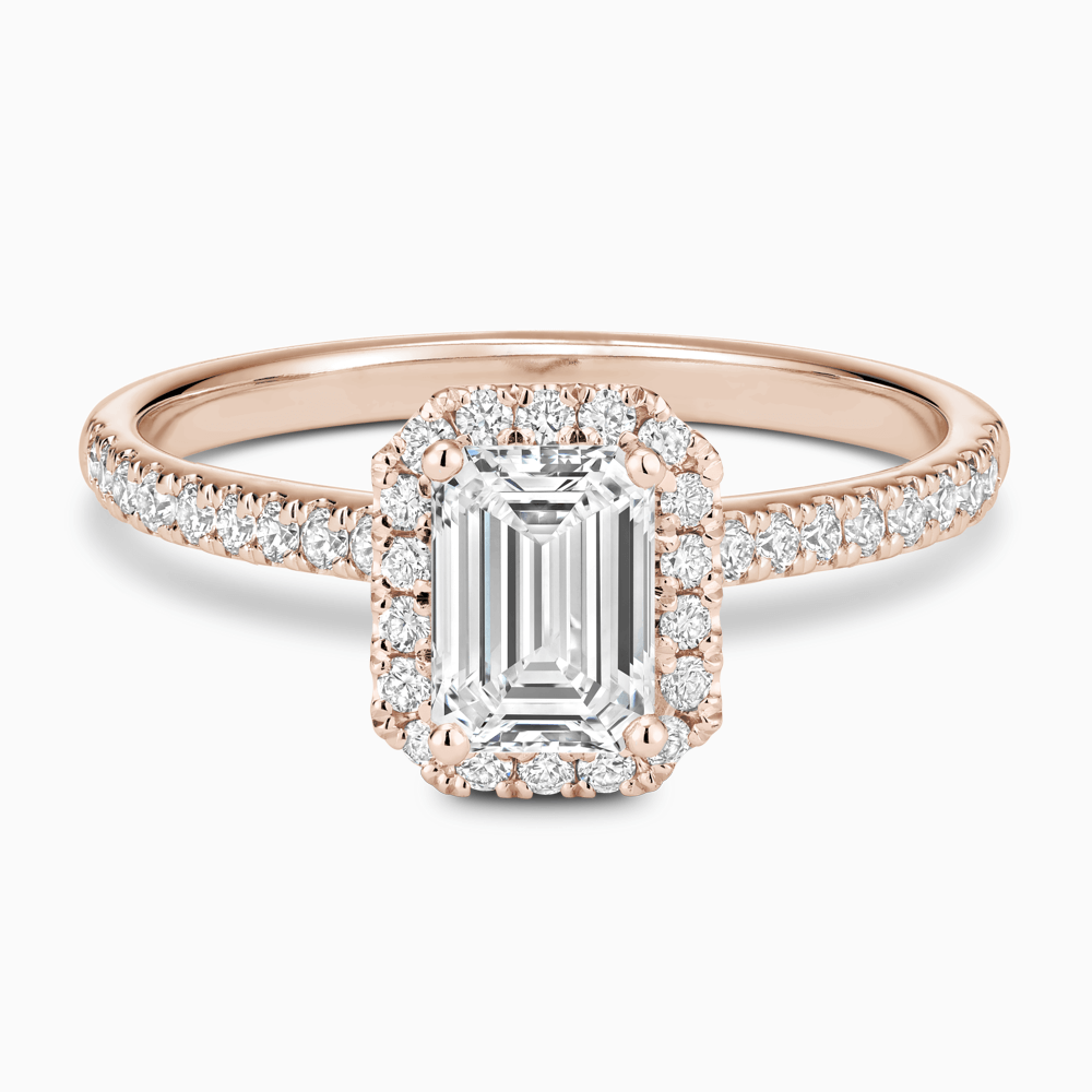 The Ecksand Diamond Engagement Ring with Diamond Halo, Pavé and Bridge shown with Emerald in 14k Rose Gold