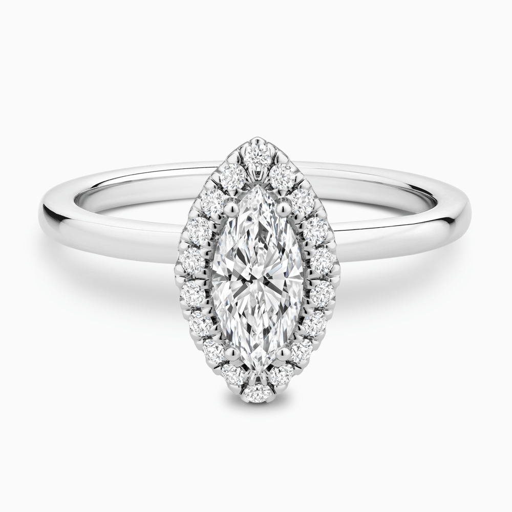 The Ecksand Iconic Diamond Halo Engagement Ring with Plain Band shown with Marquise in Platinum