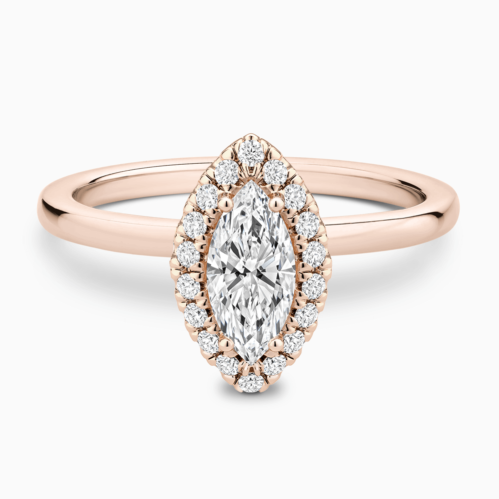 The Ecksand Iconic Diamond Halo Engagement Ring with Plain Band shown with Marquise in 14k Rose Gold