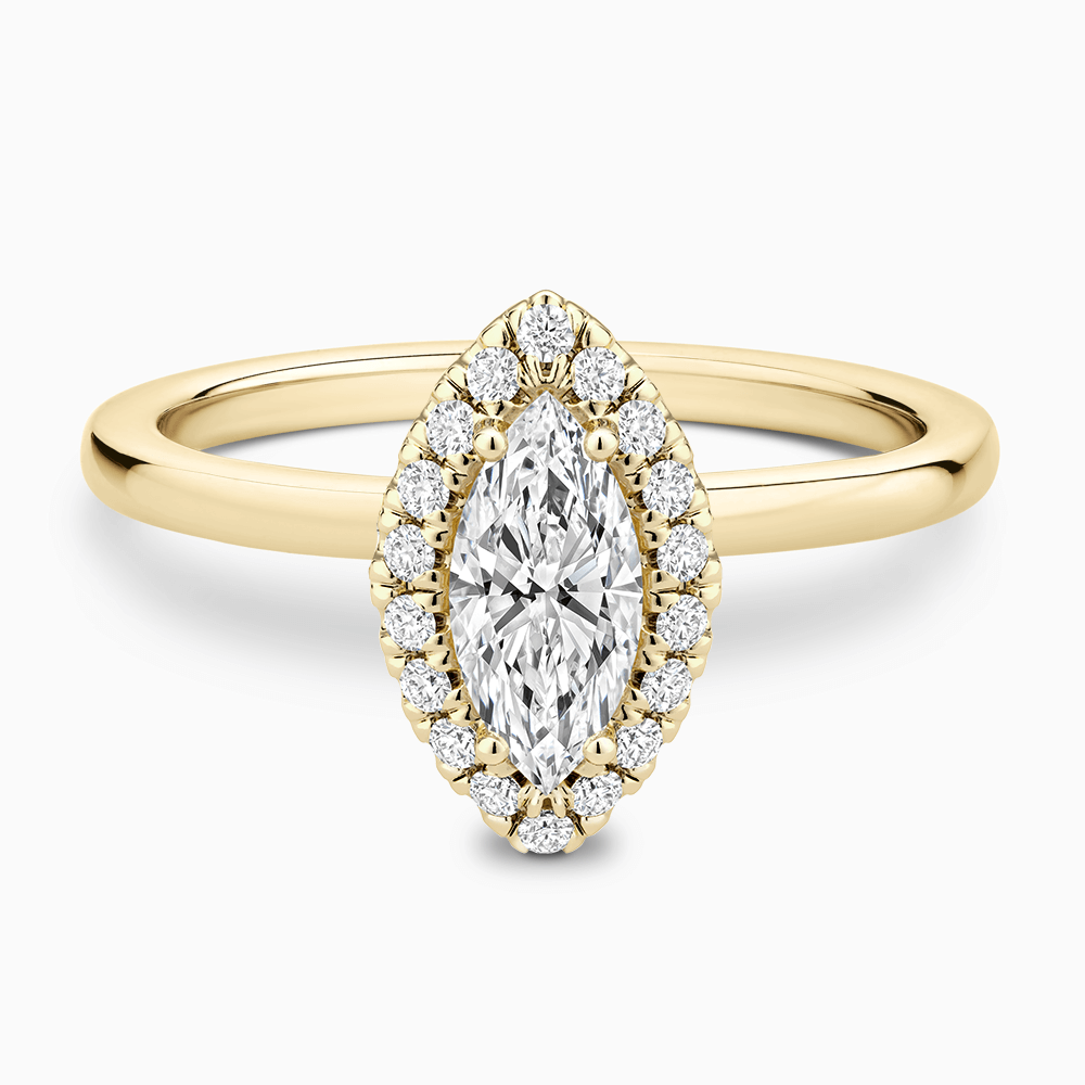 The Ecksand Iconic Diamond Halo Engagement Ring with Plain Band shown with Marquise in 18k Yellow Gold