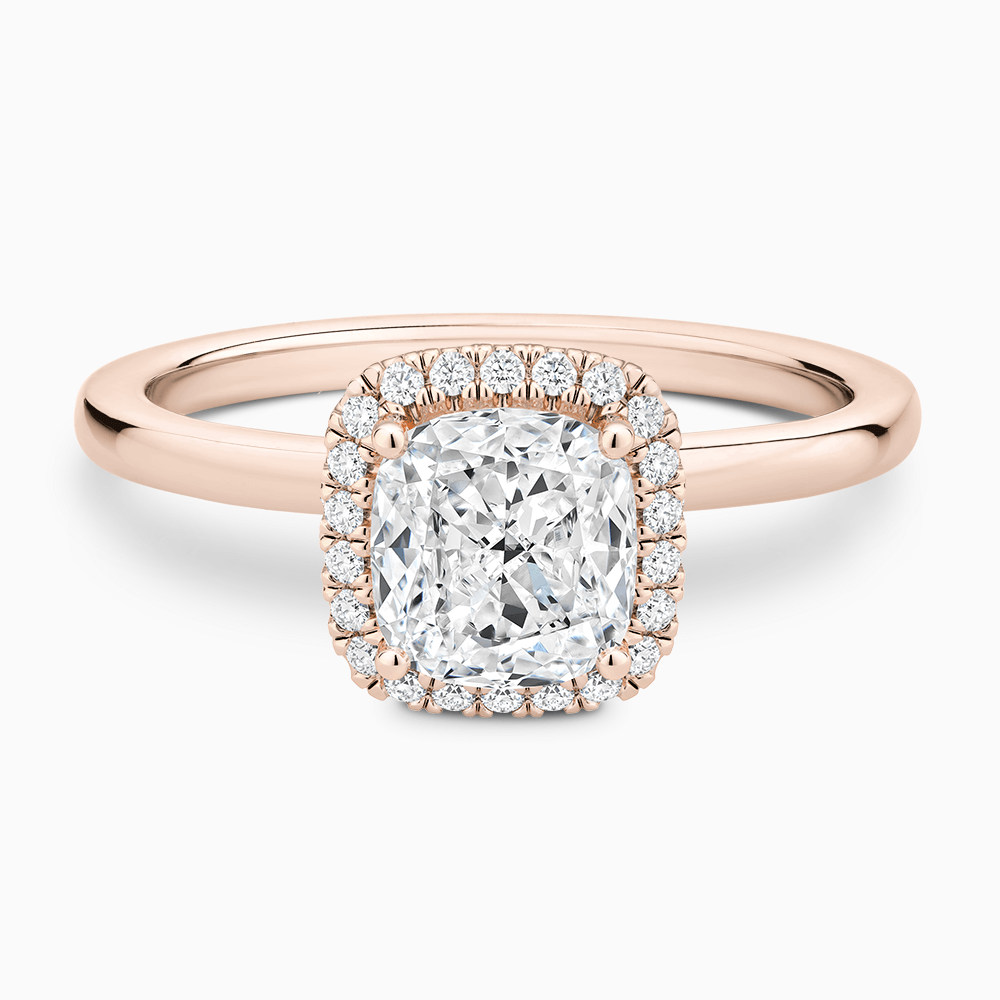 The Ecksand Iconic Diamond Halo Engagement Ring with Plain Band shown with Cushion in 14k Rose Gold
