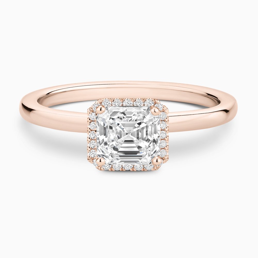The Ecksand Iconic Diamond Halo Engagement Ring with Plain Band shown with Asscher in 14k Rose Gold