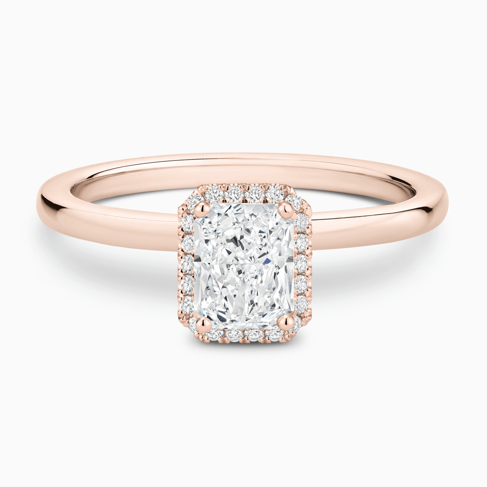 The Ecksand Iconic Diamond Halo Engagement Ring with Plain Band shown with Radiant in 14k Rose Gold