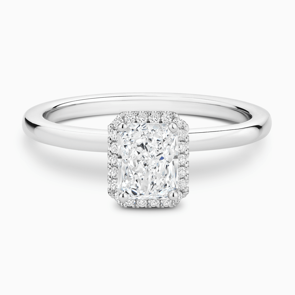 The Ecksand Iconic Diamond Halo Engagement Ring with Plain Band shown with Radiant in 18k White Gold
