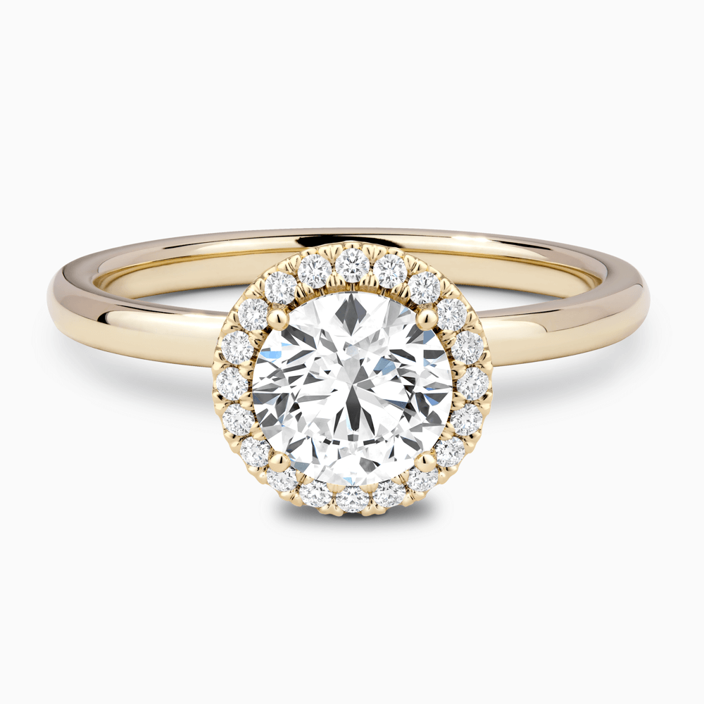 The Ecksand Vintage Engagement Ring with Diamond Halo shown with Round in 18k Yellow Gold