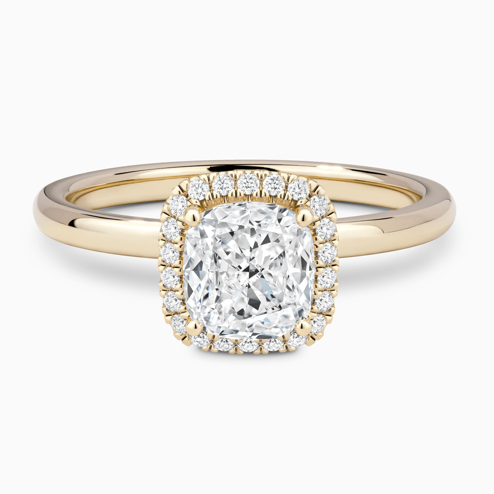 The Ecksand Vintage Engagement Ring with Diamond Halo shown with Cushion in 18k Yellow Gold