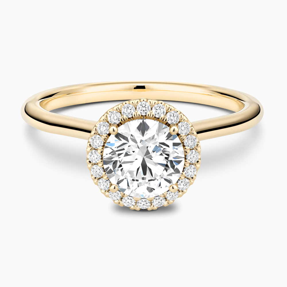 The Ecksand Cathedral-Setting Engagement Ring with Diamond Halo shown with Round in 18k Yellow Gold