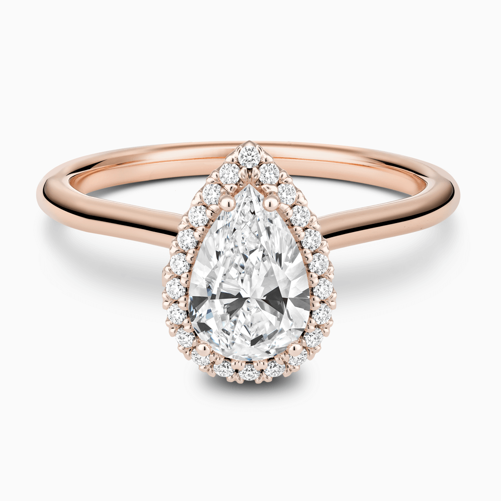 The Ecksand Cathedral-Setting Engagement Ring with Diamond Halo shown with Pear in 14k Rose Gold