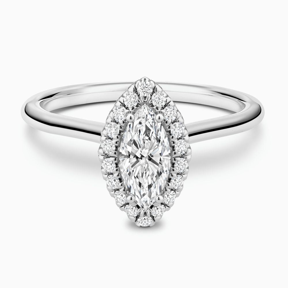 The Ecksand Cathedral-Setting Engagement Ring with Diamond Halo shown with Marquise in Platinum