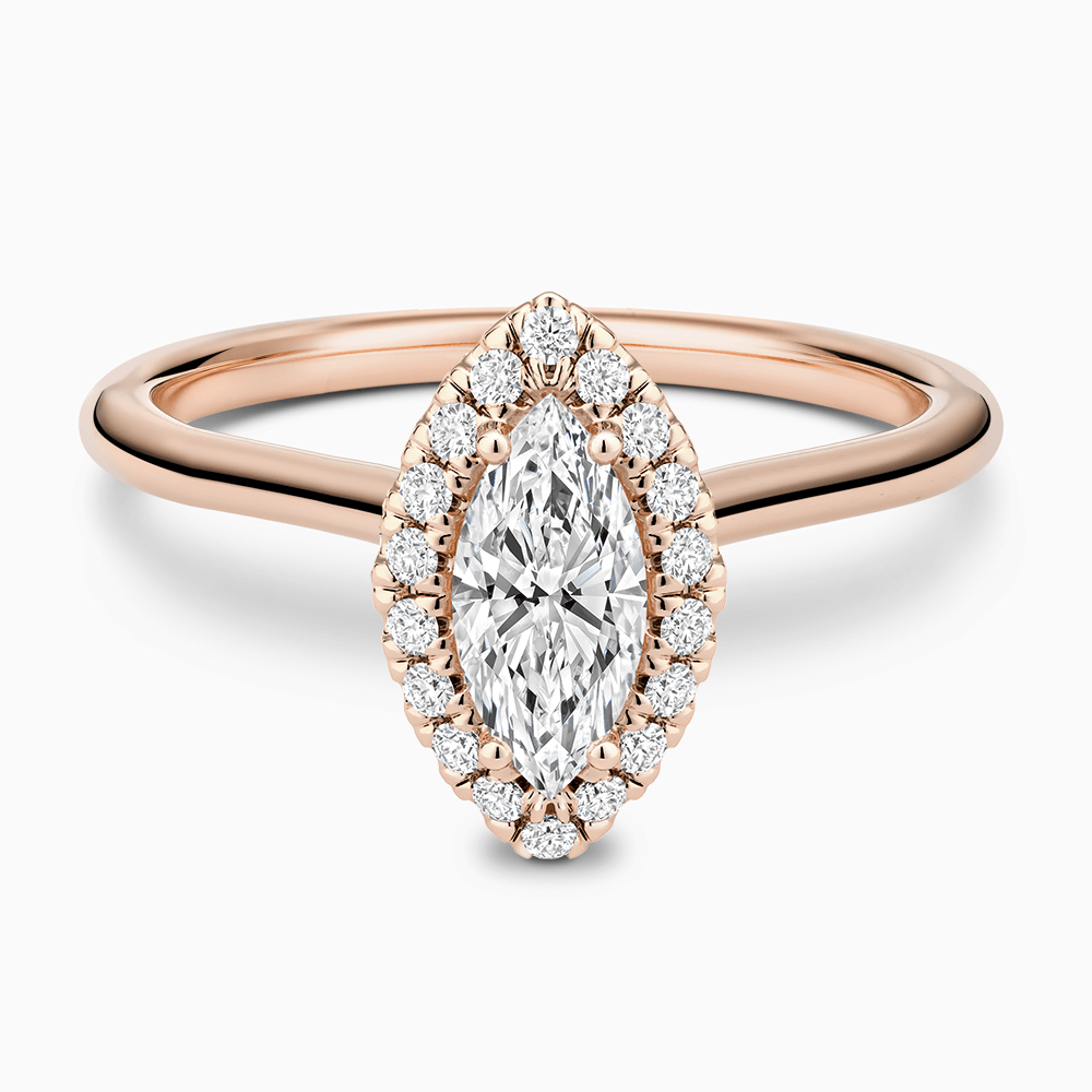 The Ecksand Cathedral-Setting Engagement Ring with Diamond Halo shown with Marquise in 14k Rose Gold