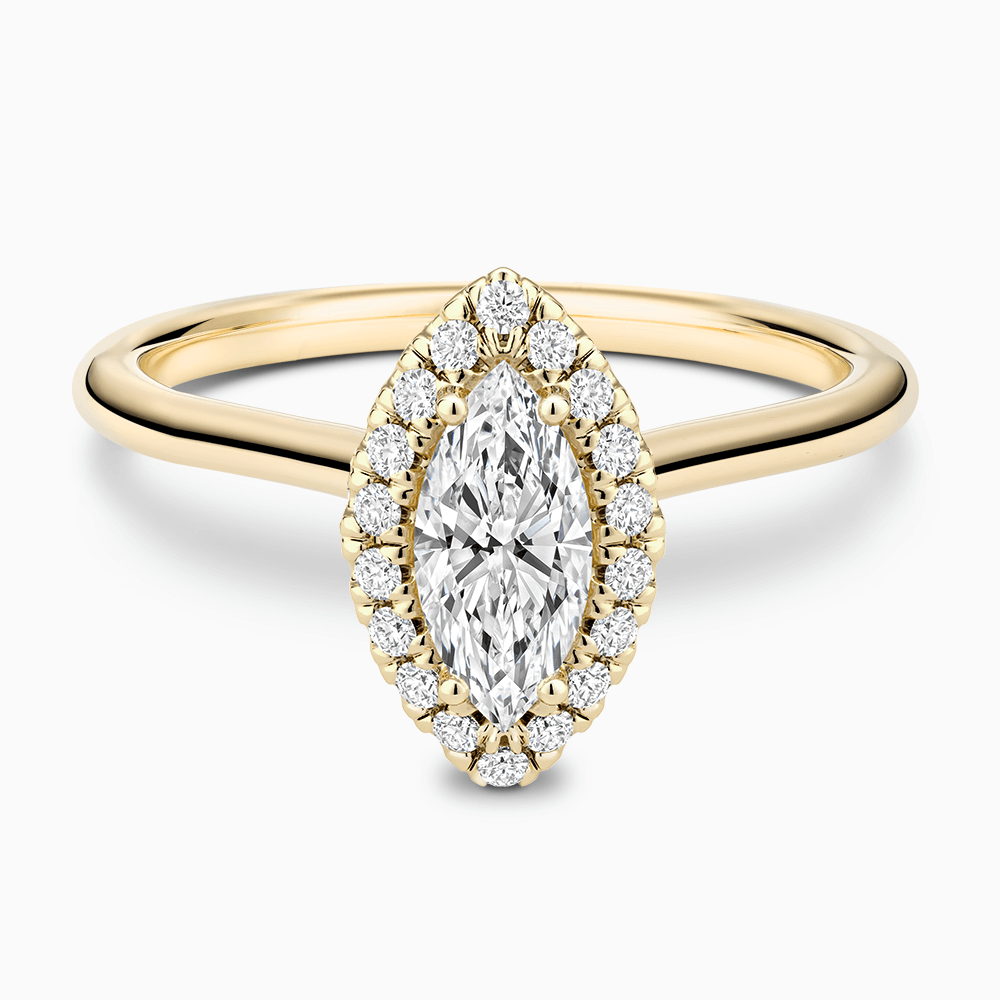 The Ecksand Cathedral-Setting Engagement Ring with Diamond Halo shown with Marquise in 18k Yellow Gold