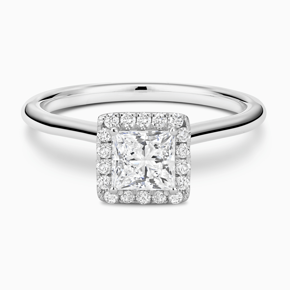 The Ecksand Cathedral-Setting Engagement Ring with Diamond Halo shown with Princess in Platinum