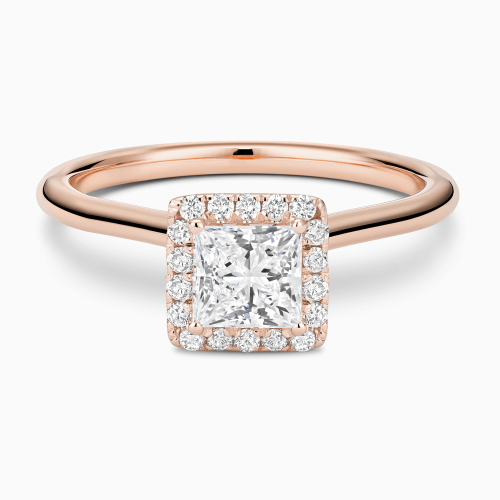 The Ecksand Cathedral-Setting Engagement Ring with Diamond Halo shown with Princess in 14k Rose Gold
