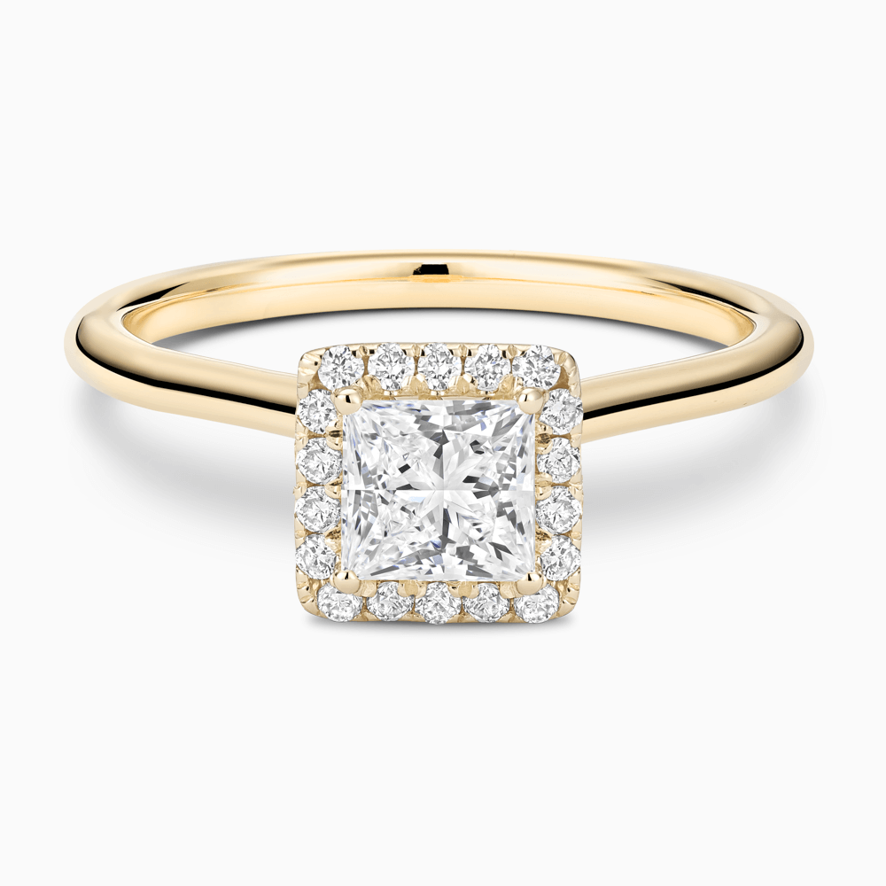 The Ecksand Cathedral-Setting Engagement Ring with Diamond Halo shown with Princess in 18k Yellow Gold