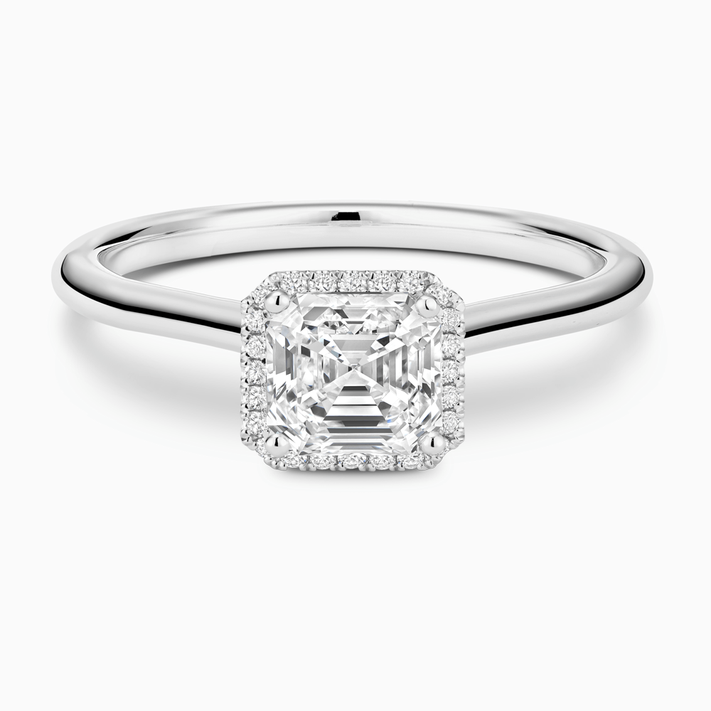 The Ecksand Cathedral-Setting Engagement Ring with Diamond Halo shown with Asscher in Platinum