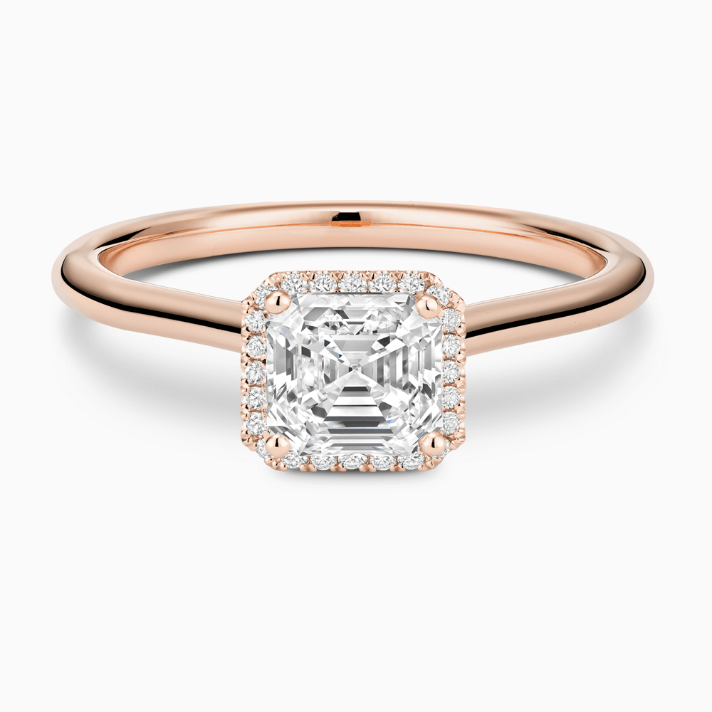 The Ecksand Cathedral-Setting Engagement Ring with Diamond Halo shown with Asscher in 14k Rose Gold