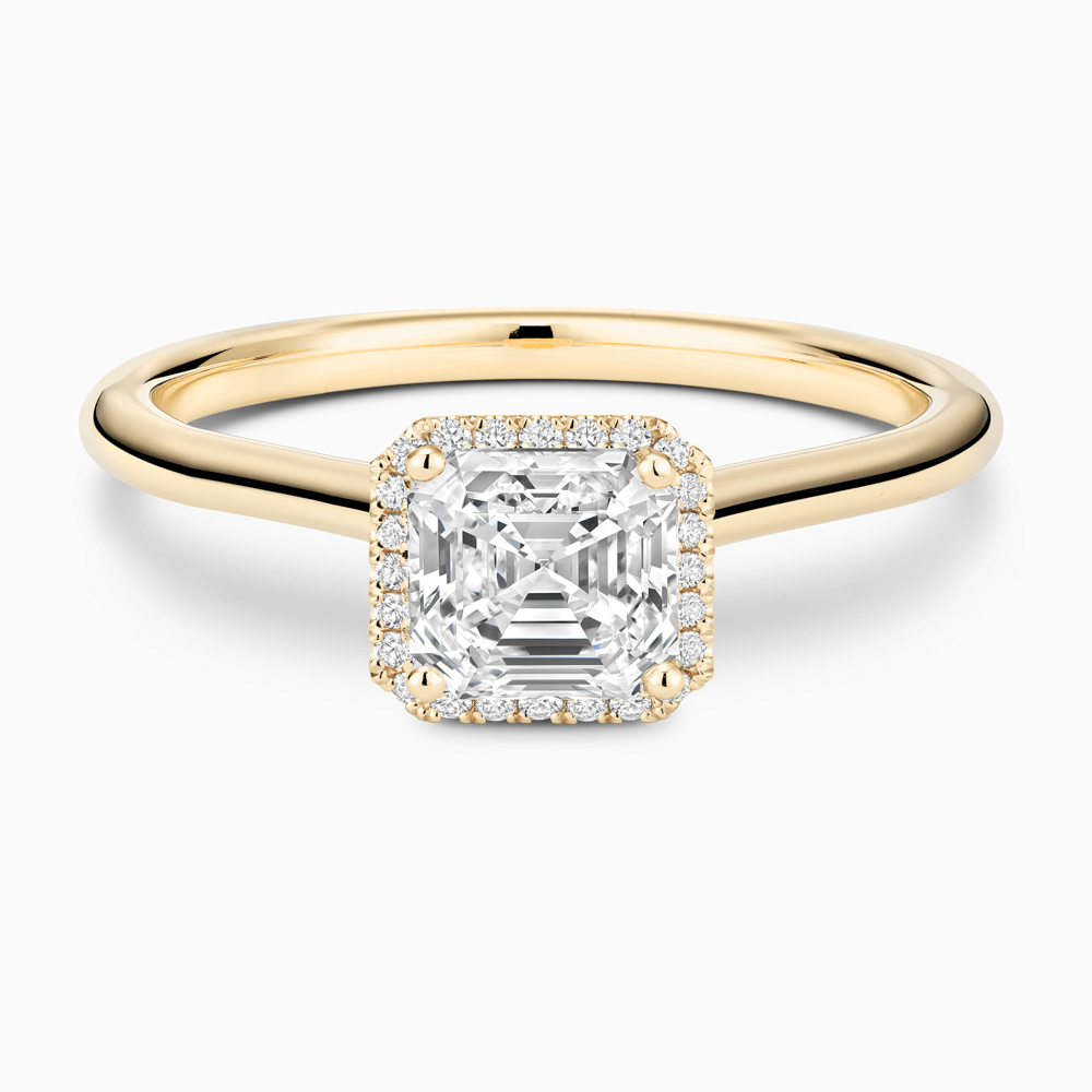 The Ecksand Cathedral-Setting Engagement Ring with Diamond Halo shown with Asscher in 18k Yellow Gold