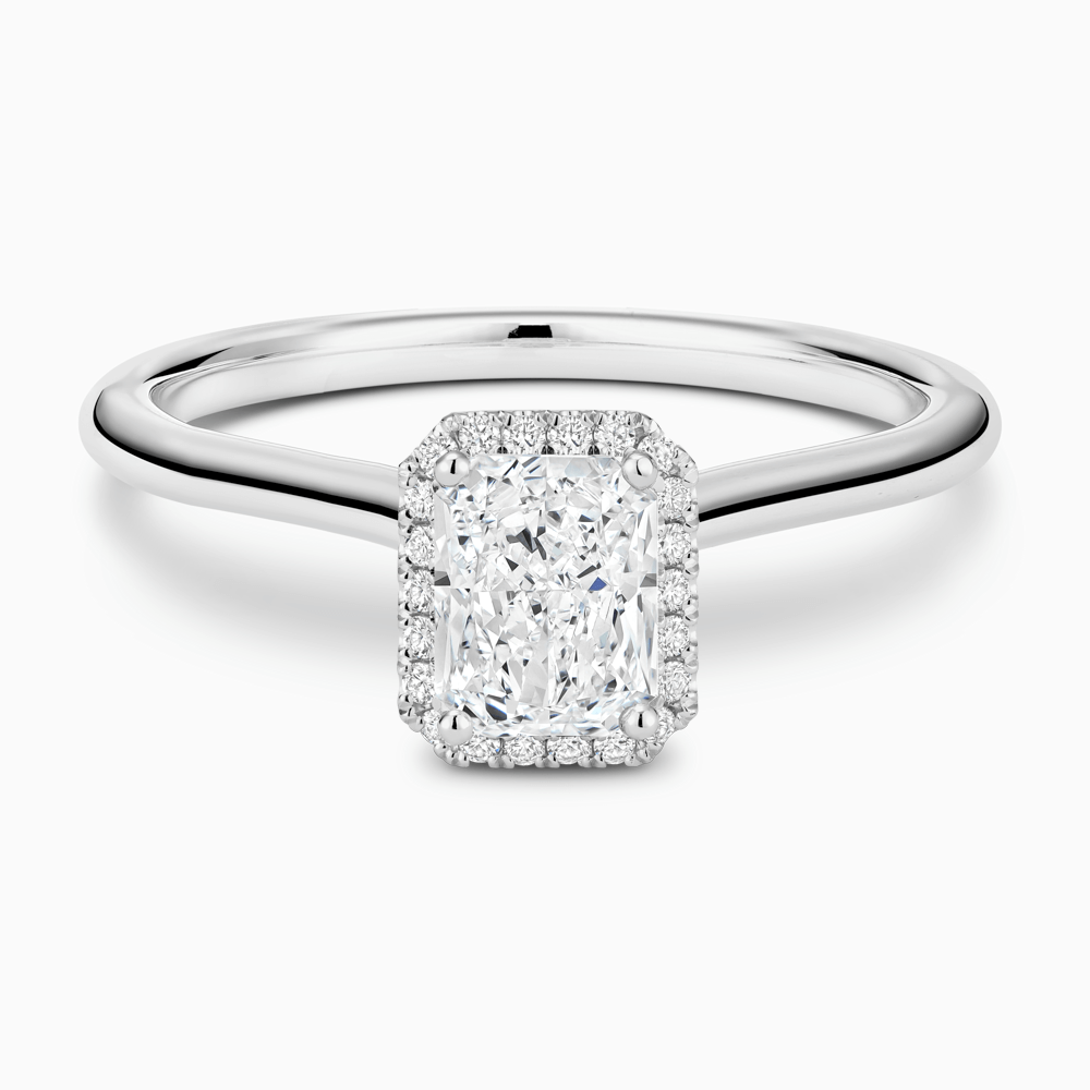 The Ecksand Cathedral-Setting Engagement Ring with Diamond Halo shown with Radiant in Platinum