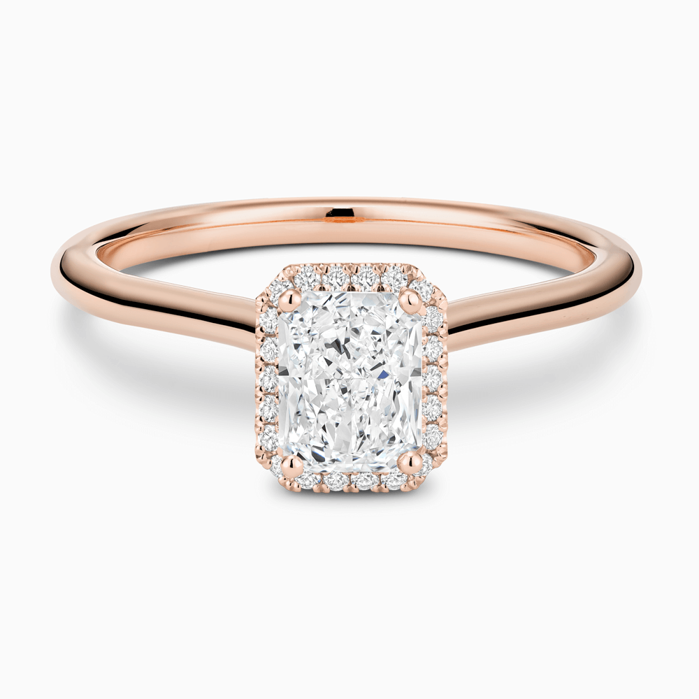 The Ecksand Cathedral-Setting Engagement Ring with Diamond Halo shown with Radiant in 14k Rose Gold