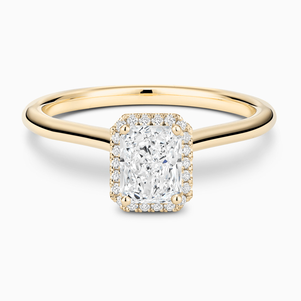 The Ecksand Cathedral-Setting Engagement Ring with Diamond Halo shown with Radiant in 18k Yellow Gold