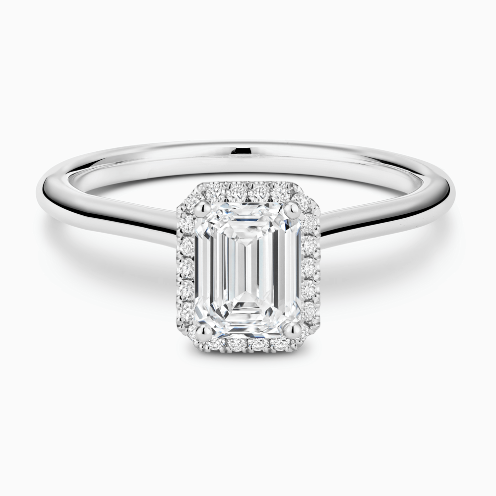 The Ecksand Cathedral-Setting Engagement Ring with Diamond Halo shown with Emerald in Platinum