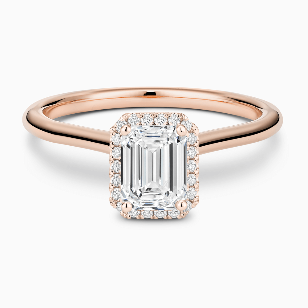 The Ecksand Cathedral-Setting Engagement Ring with Diamond Halo shown with Emerald in 14k Rose Gold
