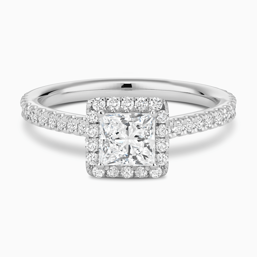 The Ecksand Iconic Diamond Engagement Ring with Halo and Diamond Pavé shown with Princess in Platinum