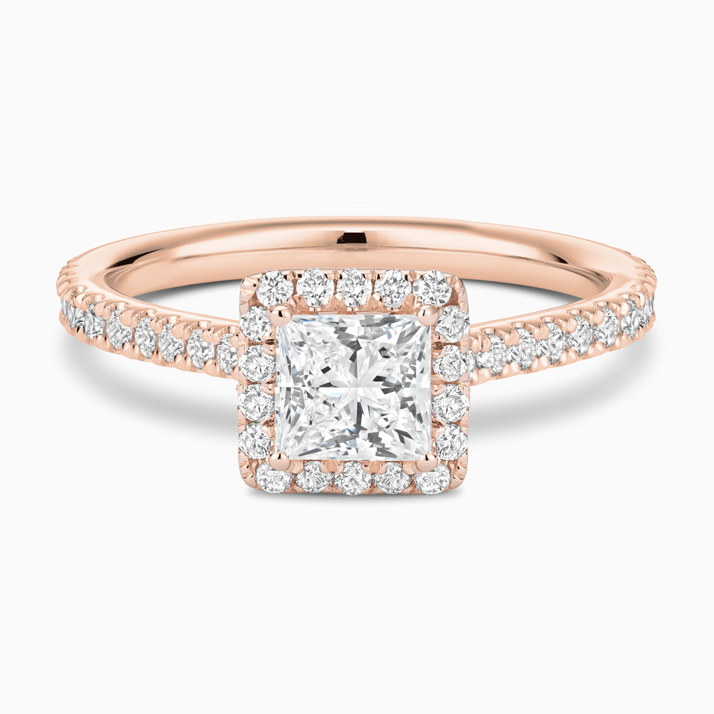 The Ecksand Iconic Diamond Engagement Ring with Halo and Diamond Pavé shown with Princess in 14k Rose Gold