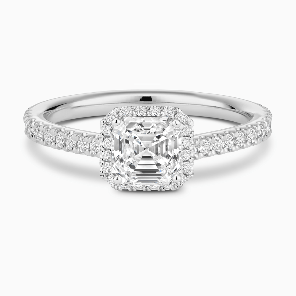 The Ecksand Iconic Diamond Engagement Ring with Halo and Diamond Pavé shown with Asscher in Platinum