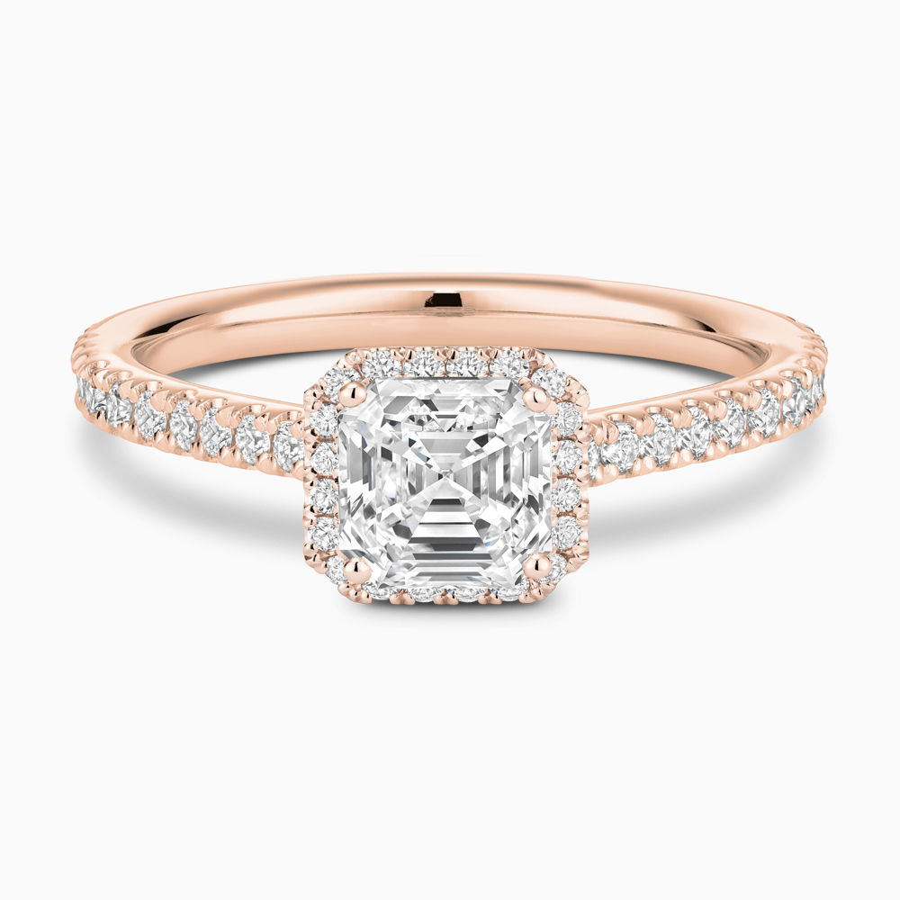 The Ecksand Iconic Diamond Engagement Ring with Halo and Diamond Pavé shown with Asscher in 14k Rose Gold
