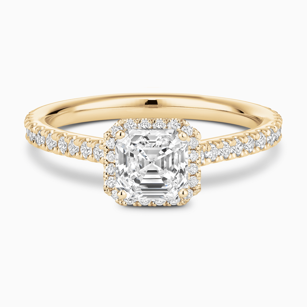 The Ecksand Iconic Diamond Engagement Ring with Halo and Diamond Pavé shown with Asscher in 18k Yellow Gold