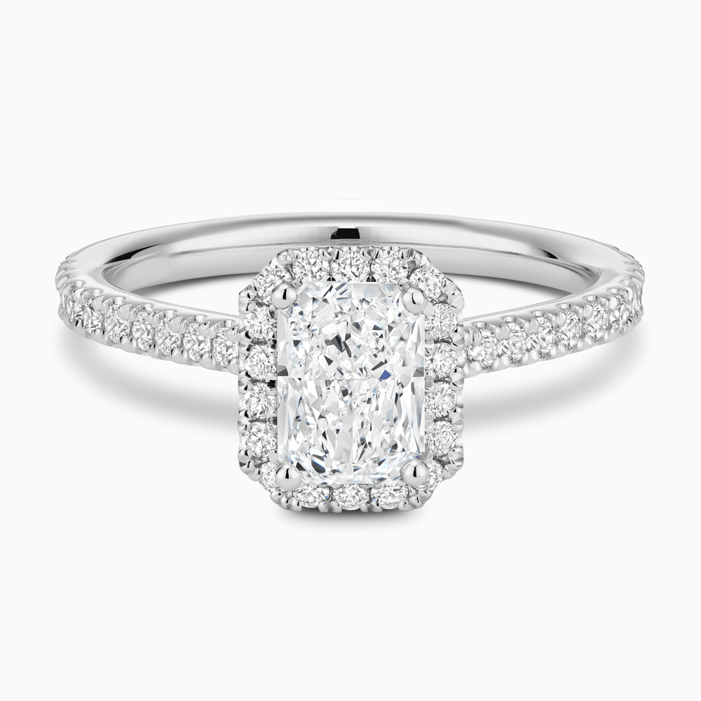 The Ecksand Iconic Diamond Engagement Ring with Halo and Diamond Pavé shown with Radiant in Platinum