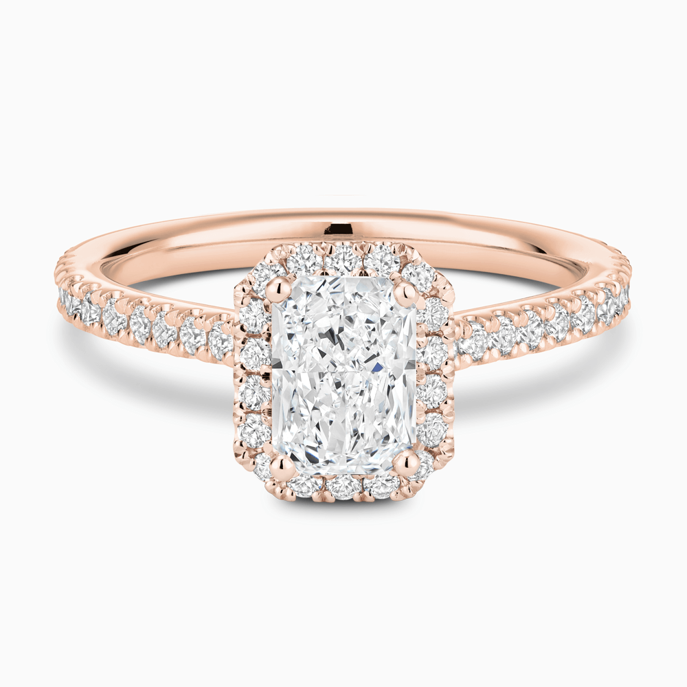 The Ecksand Iconic Diamond Engagement Ring with Halo and Diamond Pavé shown with Radiant in 14k Rose Gold