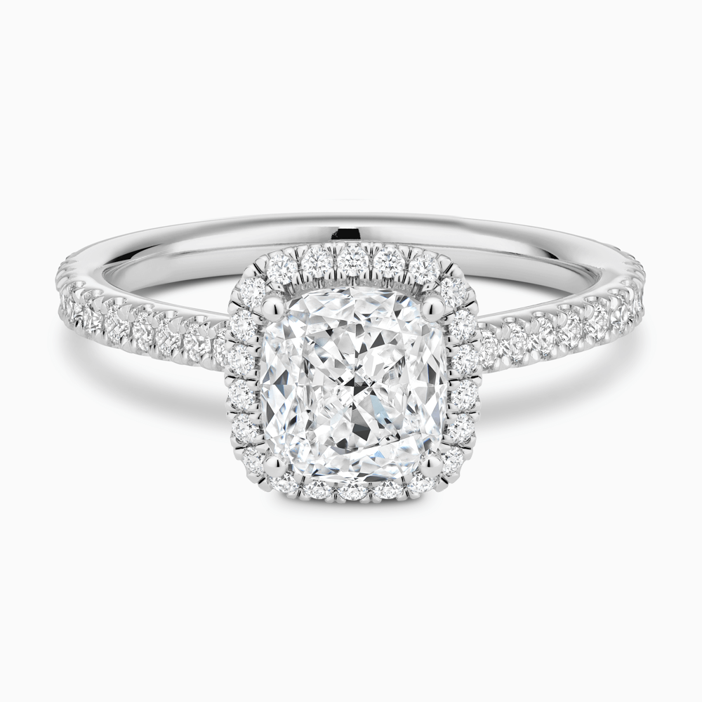 The Ecksand Iconic Diamond Engagement Ring with Halo and Diamond Pavé shown with Cushion in Platinum