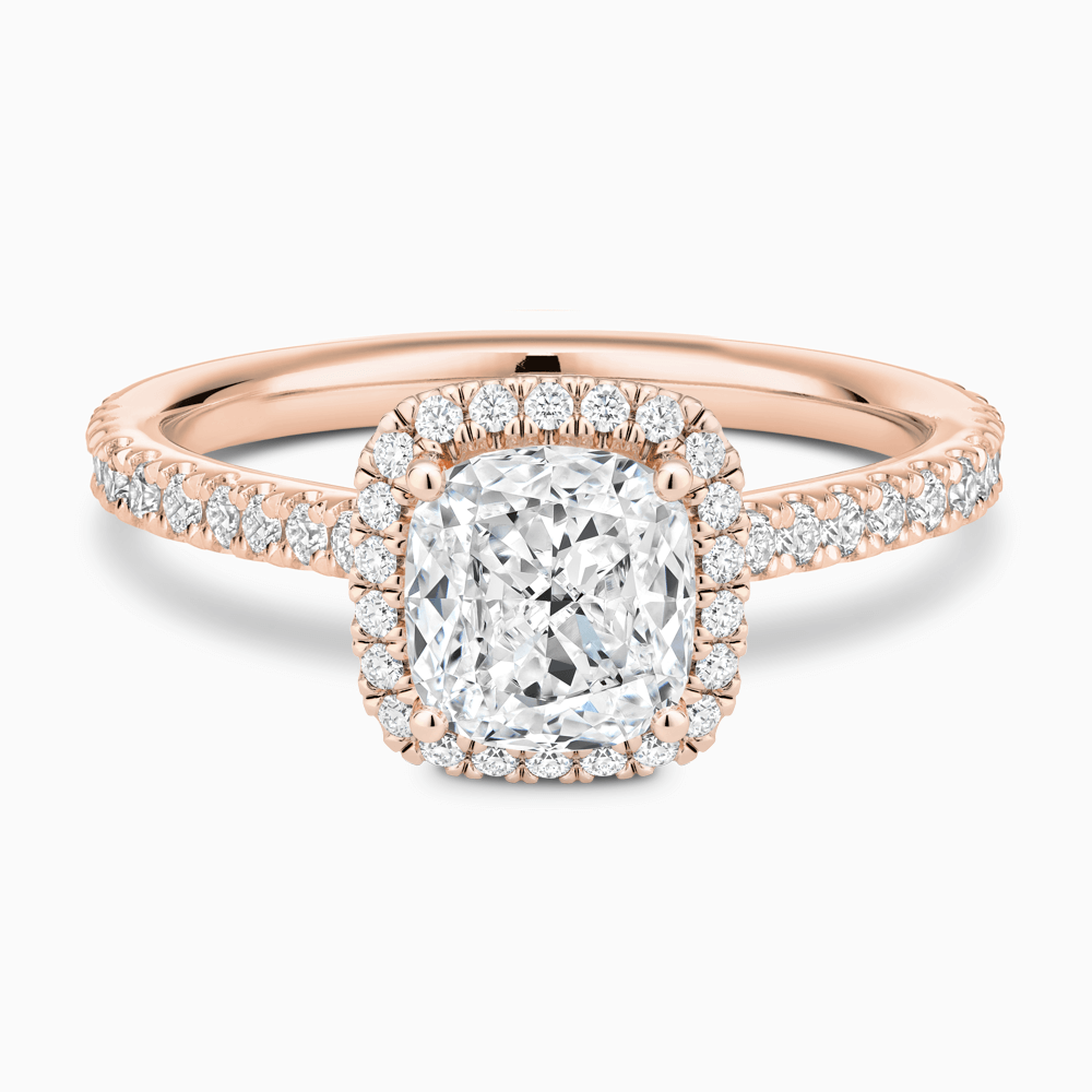 The Ecksand Iconic Diamond Engagement Ring with Halo and Diamond Pavé shown with Cushion in 14k Rose Gold