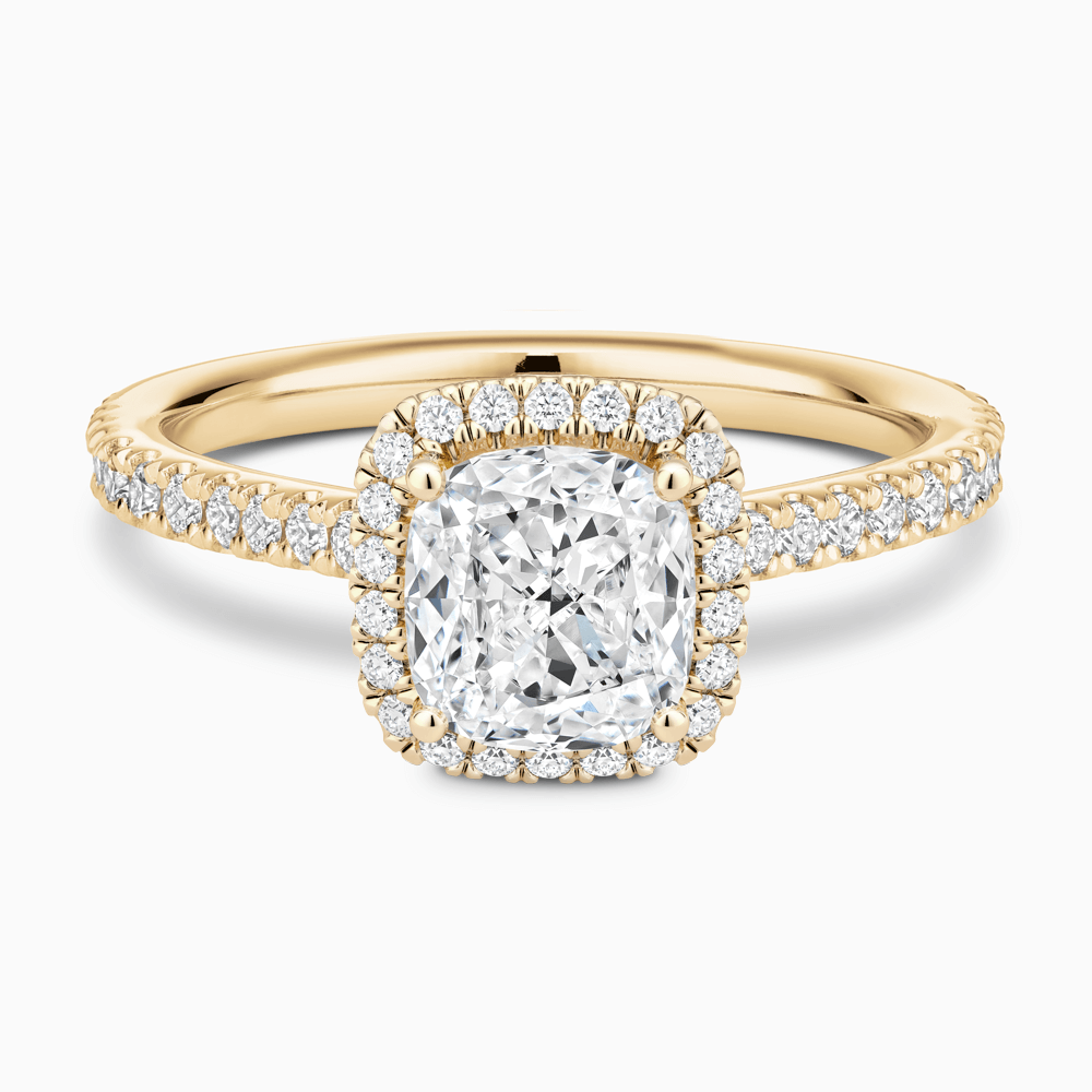 The Ecksand Iconic Diamond Engagement Ring with Halo and Diamond Pavé shown with Cushion in 18k Yellow Gold