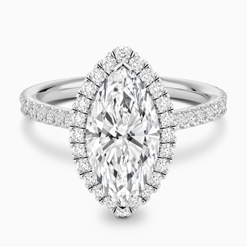 The Ecksand Iconic Diamond Engagement Ring with Halo and Diamond Pavé shown with Marquise in Platinum