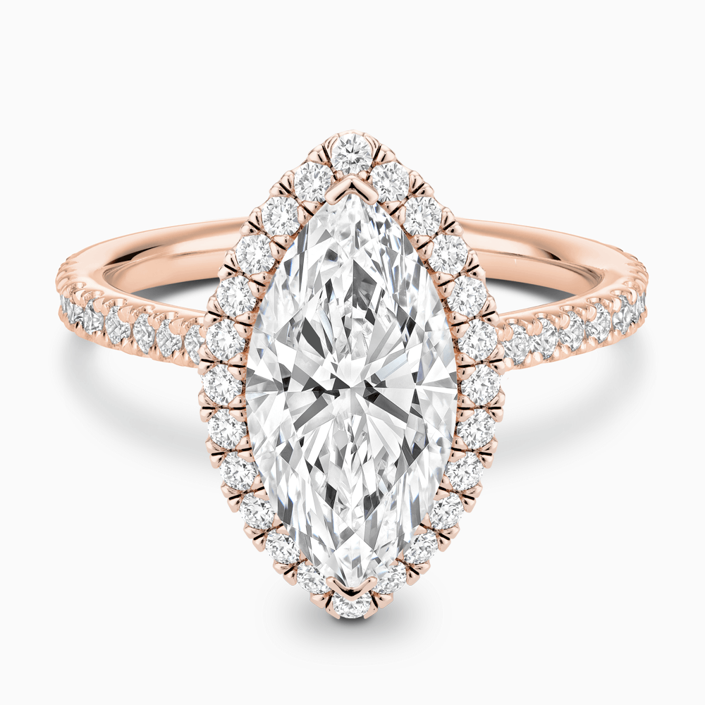 The Ecksand Iconic Diamond Engagement Ring with Halo and Diamond Pavé shown with Marquise in 14k Rose Gold