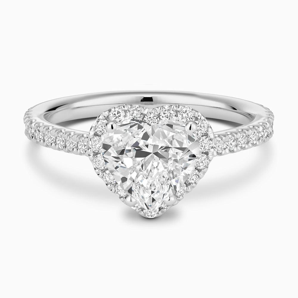 The Ecksand Iconic Diamond Engagement Ring with Halo and Diamond Pavé shown with Heart in Platinum