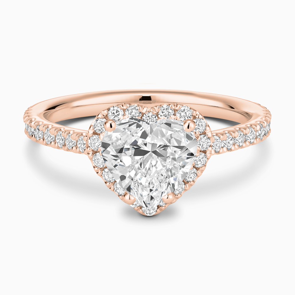 The Ecksand Iconic Diamond Engagement Ring with Halo and Diamond Pavé shown with Heart in 14k Rose Gold