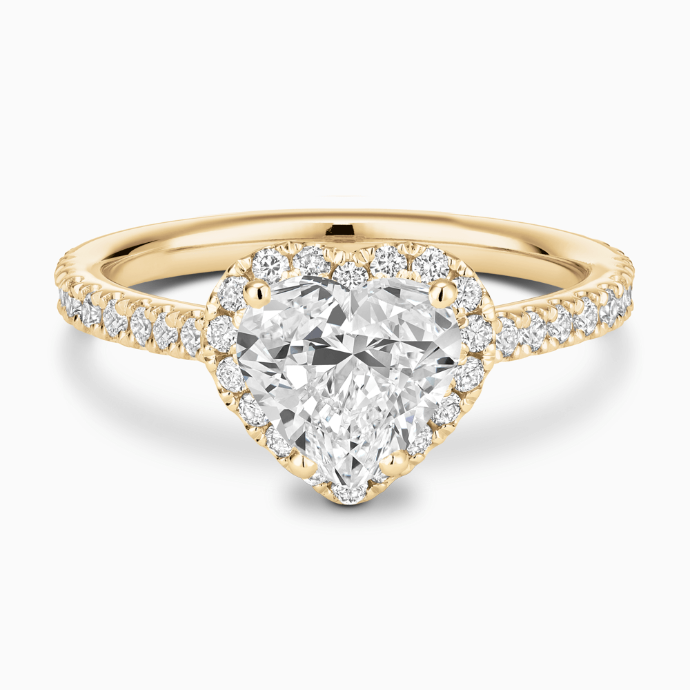 The Ecksand Iconic Diamond Engagement Ring with Halo and Diamond Pavé shown with Heart in 18k Yellow Gold