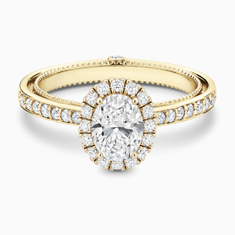 The Ecksand Diamond Halo Engagement Ring with Double Band shown with Oval in 18k Yellow Gold