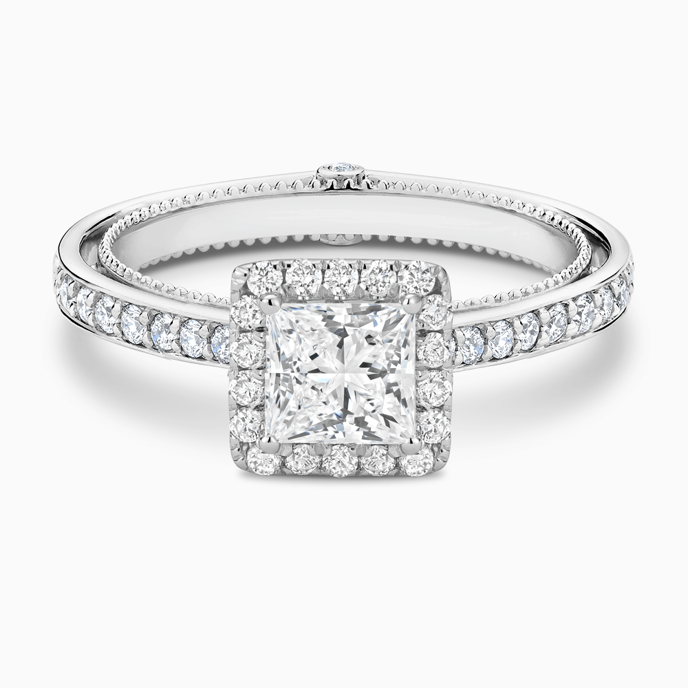 The Ecksand Diamond Halo Engagement Ring with Double Band shown with Princess in Platinum