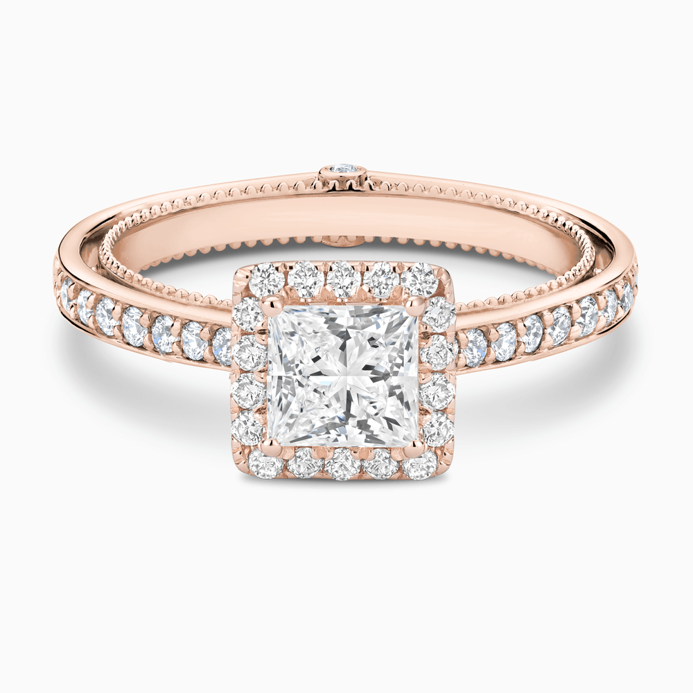 The Ecksand Diamond Halo Engagement Ring with Double Band shown with Princess in 14k Rose Gold