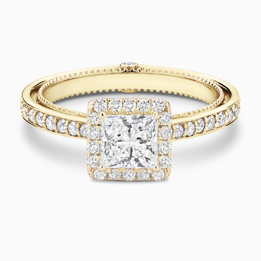 The Ecksand Diamond Halo Engagement Ring with Double Band shown with Princess in 18k Yellow Gold