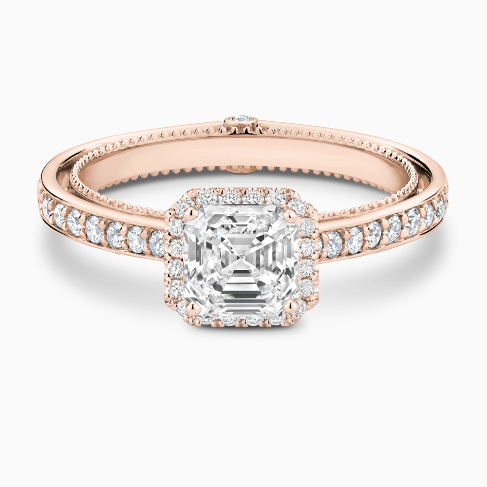 The Ecksand Diamond Halo Engagement Ring with Double Band shown with Asscher in 14k Rose Gold