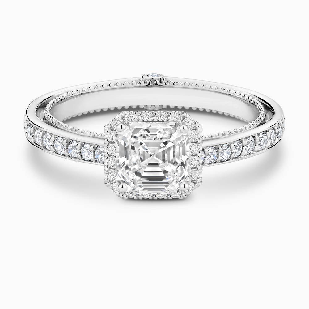 The Ecksand Diamond Halo Engagement Ring with Double Band shown with Asscher in 18k White Gold